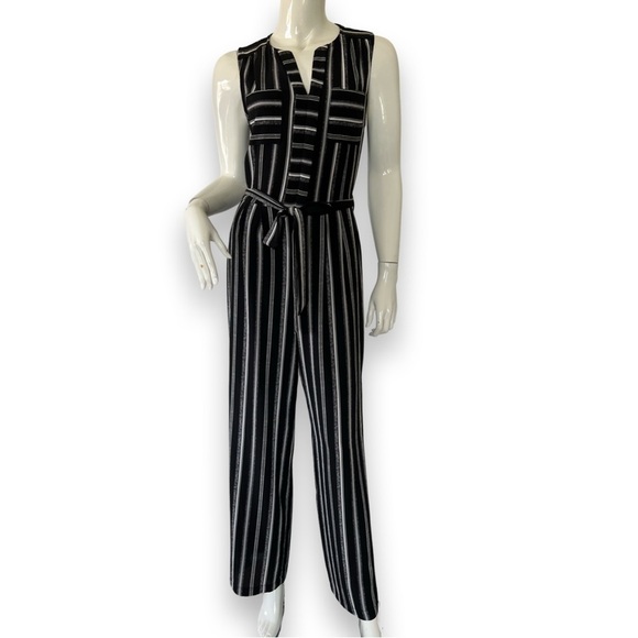 Monteau Jumpsuit stripe side slit belted sleeveless - Picture 1 of 10